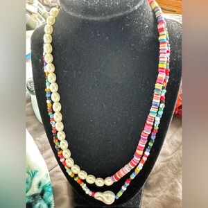2 Colorful Beaded and faux pearl boho Necklace $15